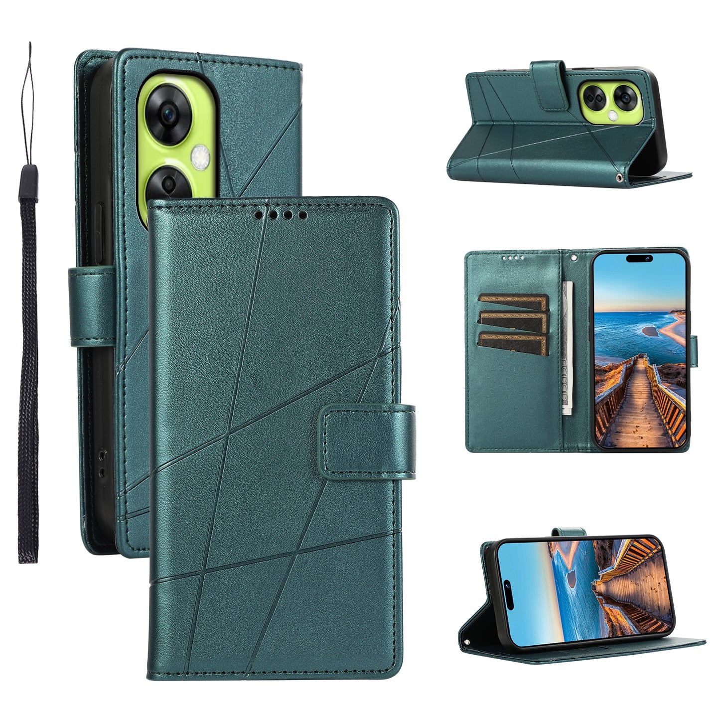 OnePlus Nord CE 3 Lite PU Genuine Leather Texture Embossed Line Phone Case with Card Wallet, Kickstand & Wrist Strap