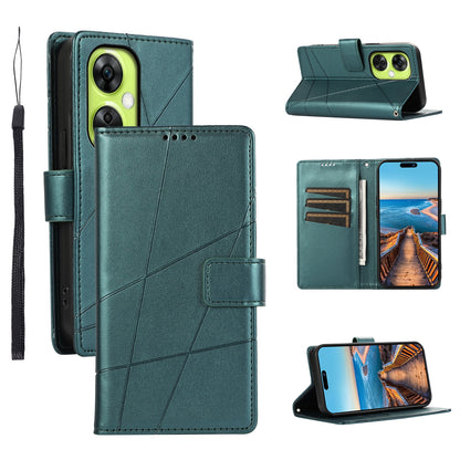 OnePlus Nord CE 3 Lite PU Genuine Leather Texture Embossed Line Phone Case with Card Wallet, Kickstand & Wrist Strap
