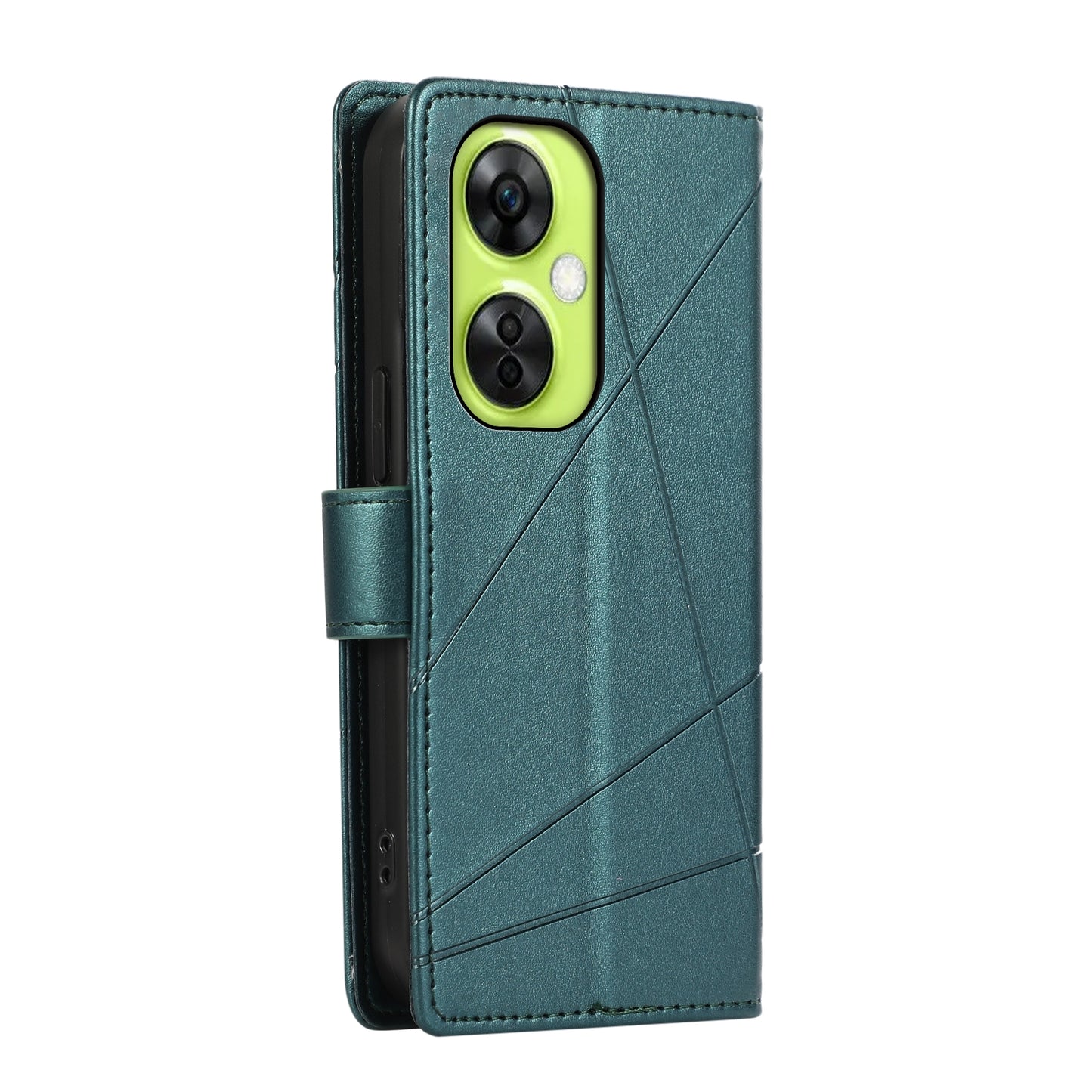 OnePlus Nord CE 3 Lite PU Genuine Leather Texture Embossed Line Phone Case with Card Wallet, Kickstand & Wrist Strap
