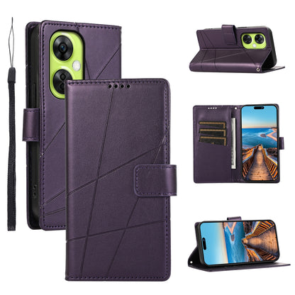 OnePlus Nord CE 3 Lite PU Genuine Leather Texture Embossed Line Phone Case with Card Wallet, Kickstand & Wrist Strap