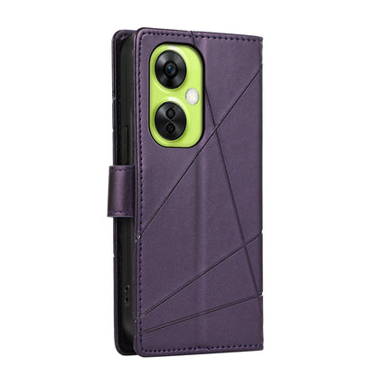 OnePlus Nord CE 3 Lite PU Genuine Leather Texture Embossed Line Phone Case with Card Wallet, Kickstand & Wrist Strap