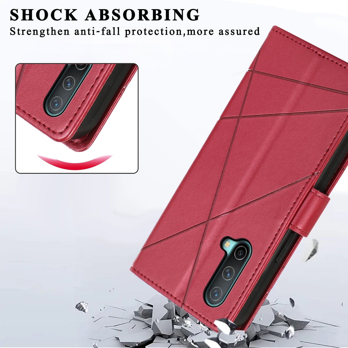 OnePlus Nord CE 5G PU Genuine Leather Texture Embossed Line Phone Case with Card Wallet, Kickstand & Wrist Strap