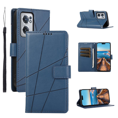 OnePlus Nord CE 2 5G PU Genuine Leather Texture Embossed Line Phone Case with Card Wallet, Kickstand & Wrist Strap
