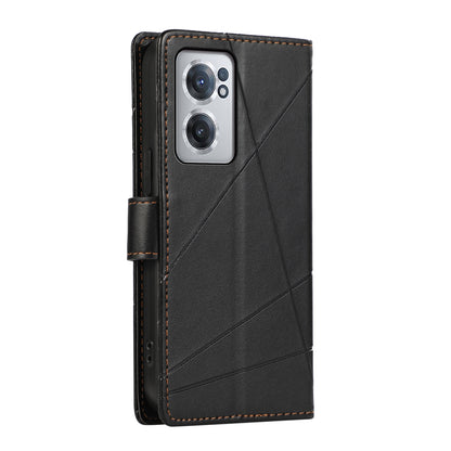 OnePlus Nord CE 2 5G PU Genuine Leather Texture Embossed Line Phone Case with Card Wallet, Kickstand & Wrist Strap