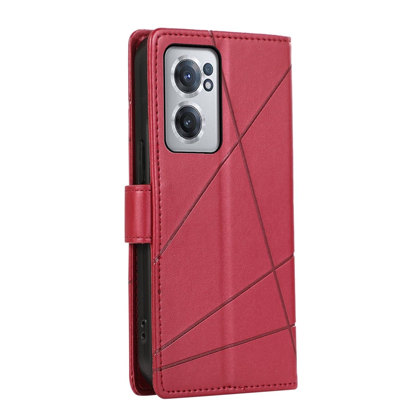 OnePlus Nord CE 2 5G PU Genuine Leather Texture Embossed Line Phone Case with Card Wallet, Kickstand & Wrist Strap
