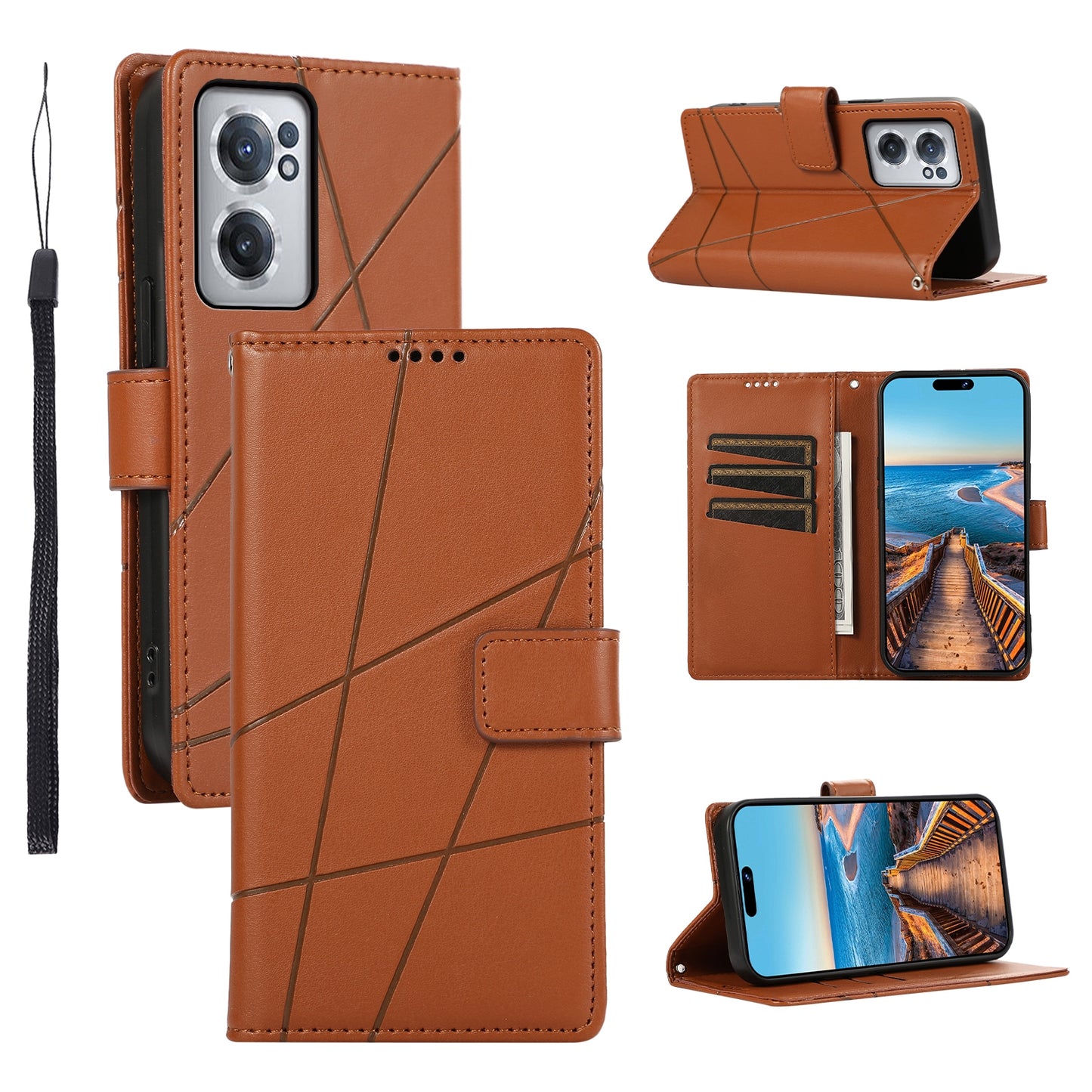 OnePlus Nord CE 2 5G PU Genuine Leather Texture Embossed Line Phone Case with Card Wallet, Kickstand & Wrist Strap