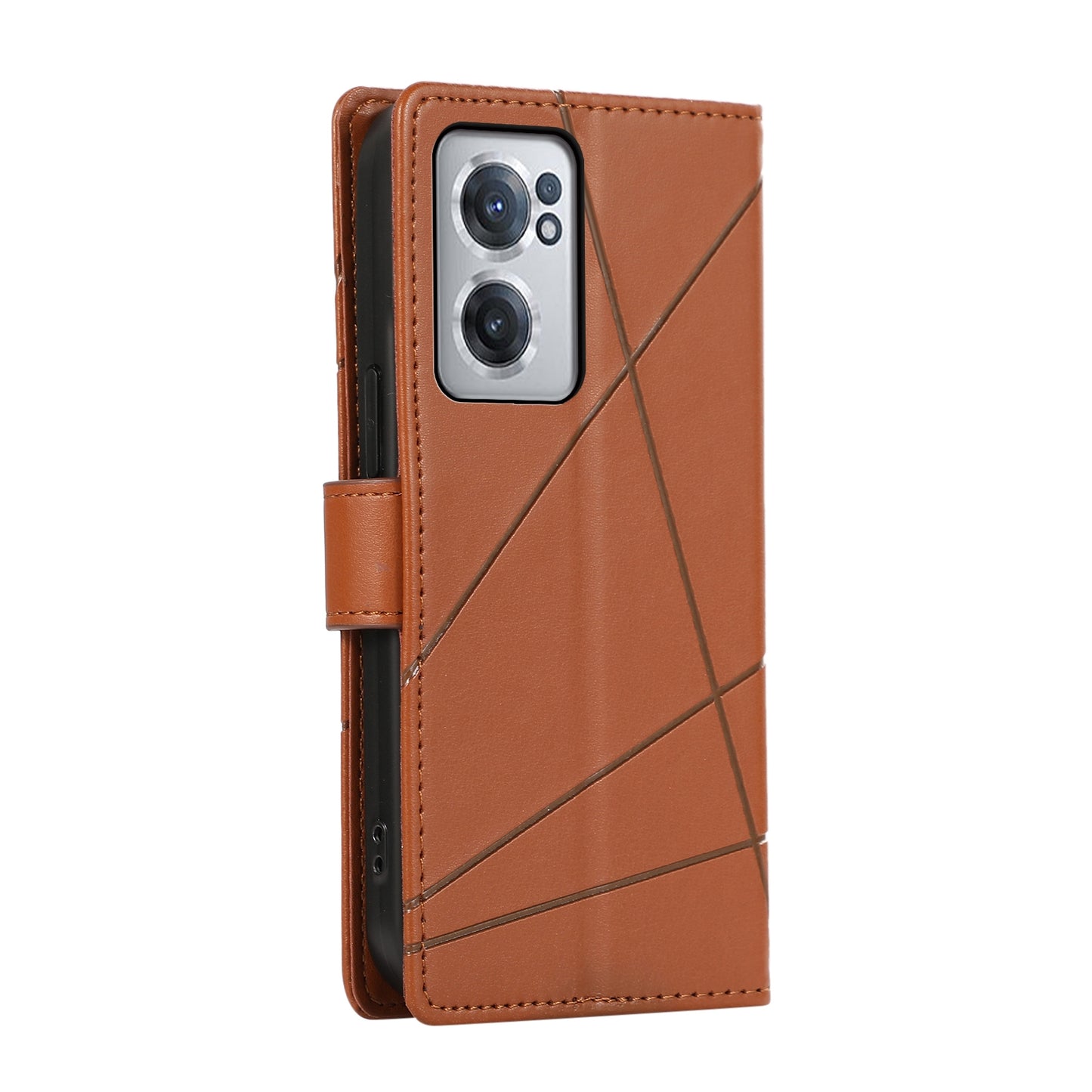 OnePlus Nord CE 2 5G PU Genuine Leather Texture Embossed Line Phone Case with Card Wallet, Kickstand & Wrist Strap