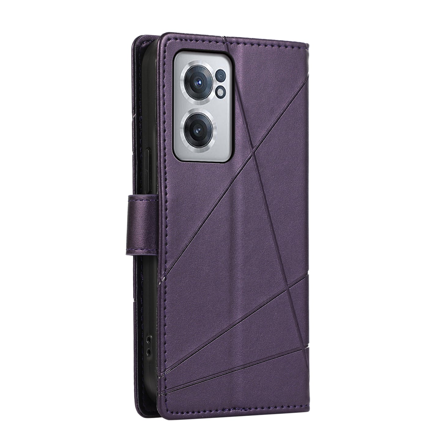 OnePlus Nord CE 2 5G PU Genuine Leather Texture Embossed Line Phone Case with Card Wallet, Kickstand & Wrist Strap