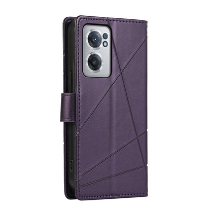 OnePlus Nord CE 2 5G PU Genuine Leather Texture Embossed Line Phone Case with Card Wallet, Kickstand & Wrist Strap