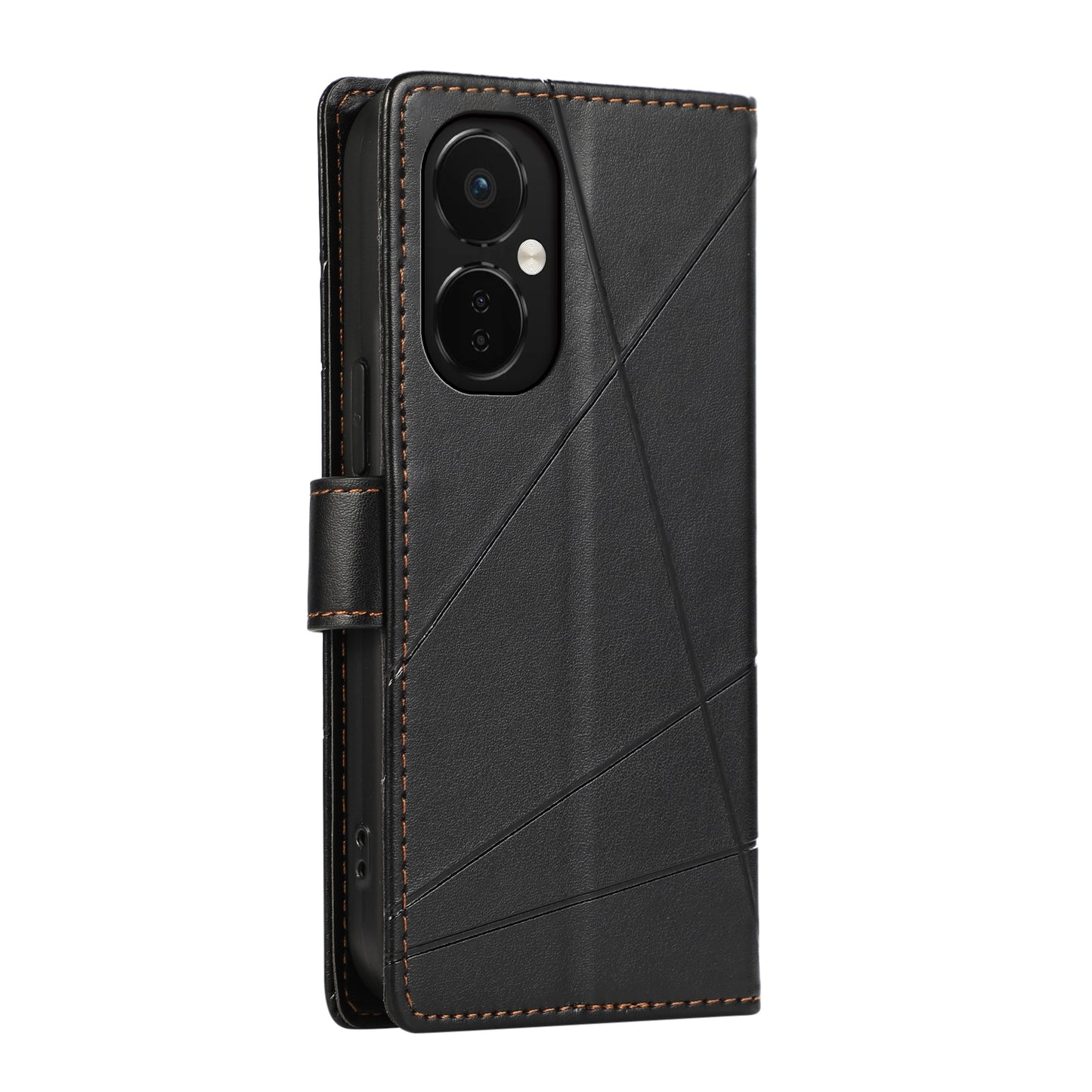OnePlus Nord CE 3 PU Genuine Leather Texture Embossed Line Phone Case with Card Wallet, Kickstand & Wrist Strap