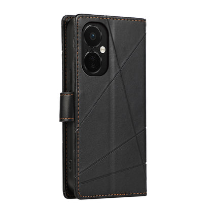 OnePlus Nord CE 3 PU Genuine Leather Texture Embossed Line Phone Case with Card Wallet, Kickstand & Wrist Strap