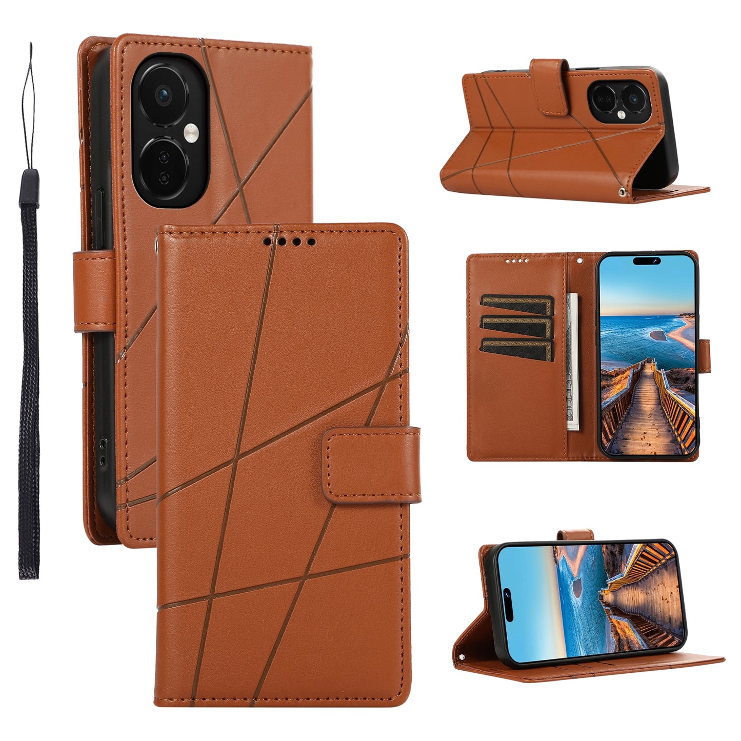 OnePlus Nord CE 3 PU Genuine Leather Texture Embossed Line Phone Case with Card Wallet, Kickstand & Wrist Strap