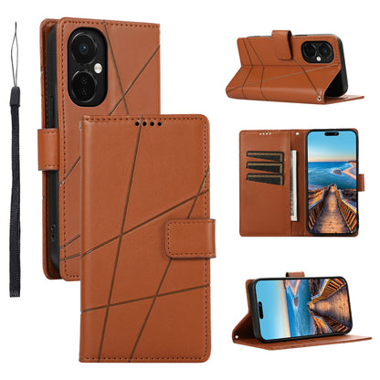 OnePlus Nord CE 3 PU Genuine Leather Texture Embossed Line Phone Case with Card Wallet, Kickstand & Wrist Strap