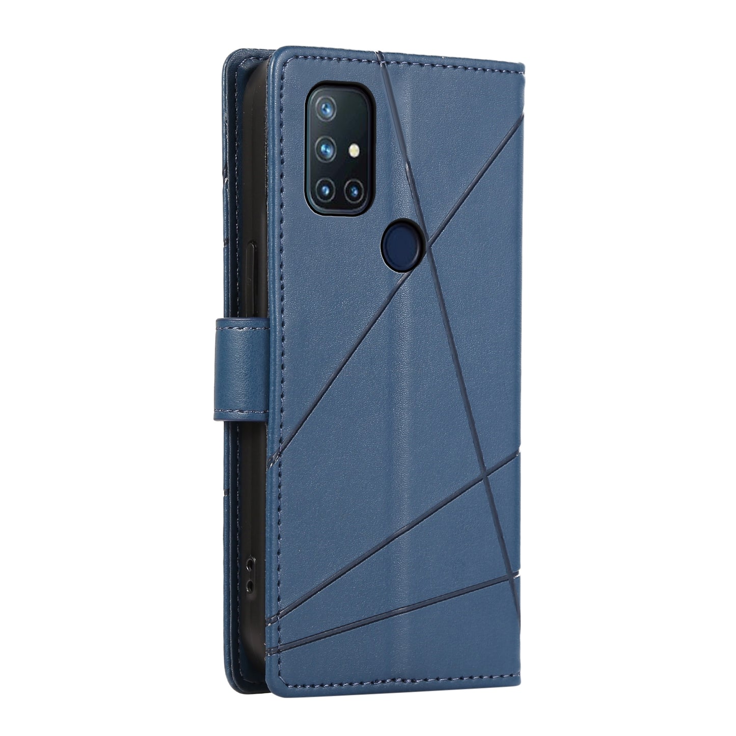 OnePlus Nord N10 5G PU Genuine Leather Texture Embossed Line Phone Case with Card Wallet, Kickstand & Wrist Strap