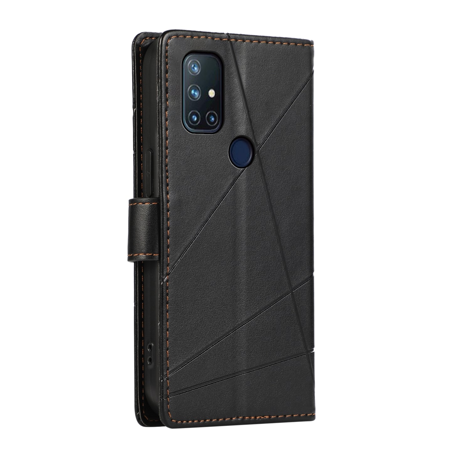 OnePlus Nord N10 5G PU Genuine Leather Texture Embossed Line Phone Case with Card Wallet, Kickstand & Wrist Strap