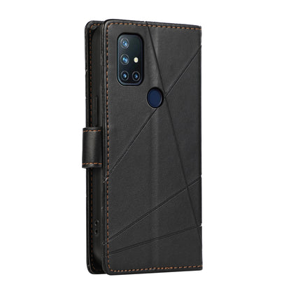OnePlus Nord N10 5G PU Genuine Leather Texture Embossed Line Phone Case with Card Wallet, Kickstand & Wrist Strap