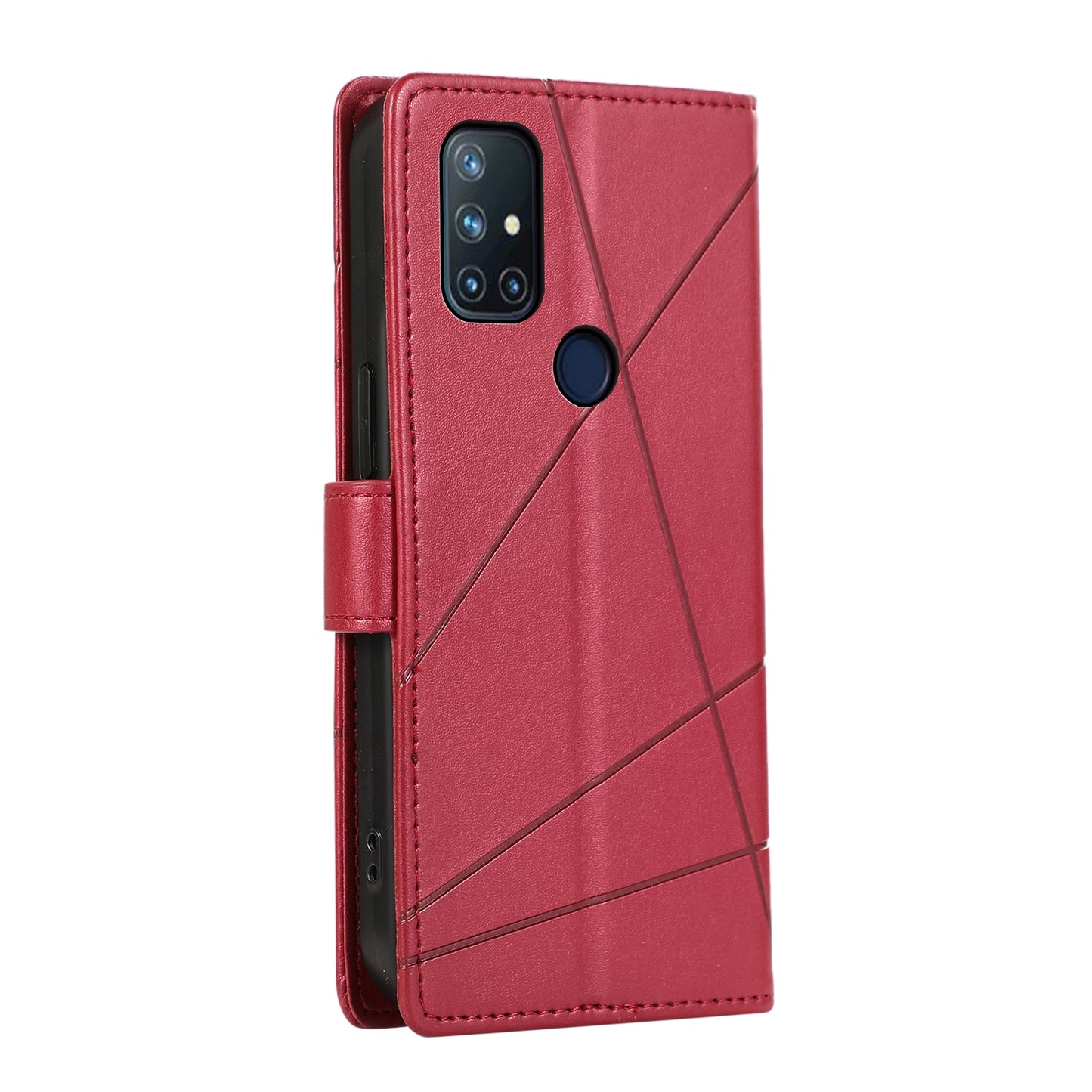 OnePlus Nord N10 5G PU Genuine Leather Texture Embossed Line Phone Case with Card Wallet, Kickstand & Wrist Strap