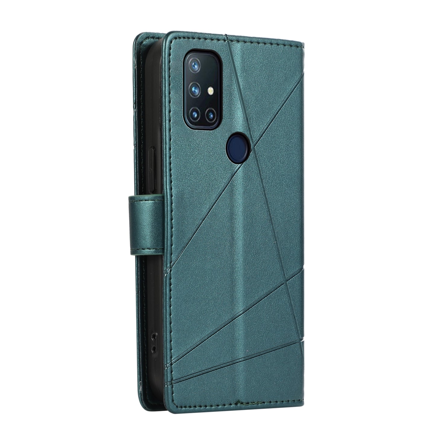 OnePlus Nord N10 5G PU Genuine Leather Texture Embossed Line Phone Case with Card Wallet, Kickstand & Wrist Strap