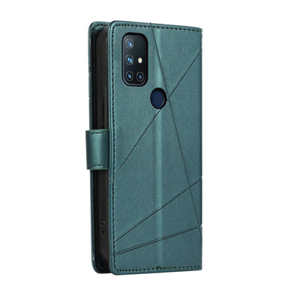 OnePlus Nord N10 5G PU Genuine Leather Texture Embossed Line Phone Case with Card Wallet, Kickstand & Wrist Strap