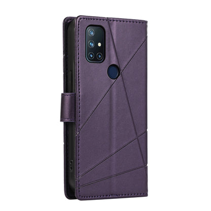 OnePlus Nord N10 5G PU Genuine Leather Texture Embossed Line Phone Case with Card Wallet, Kickstand & Wrist Strap