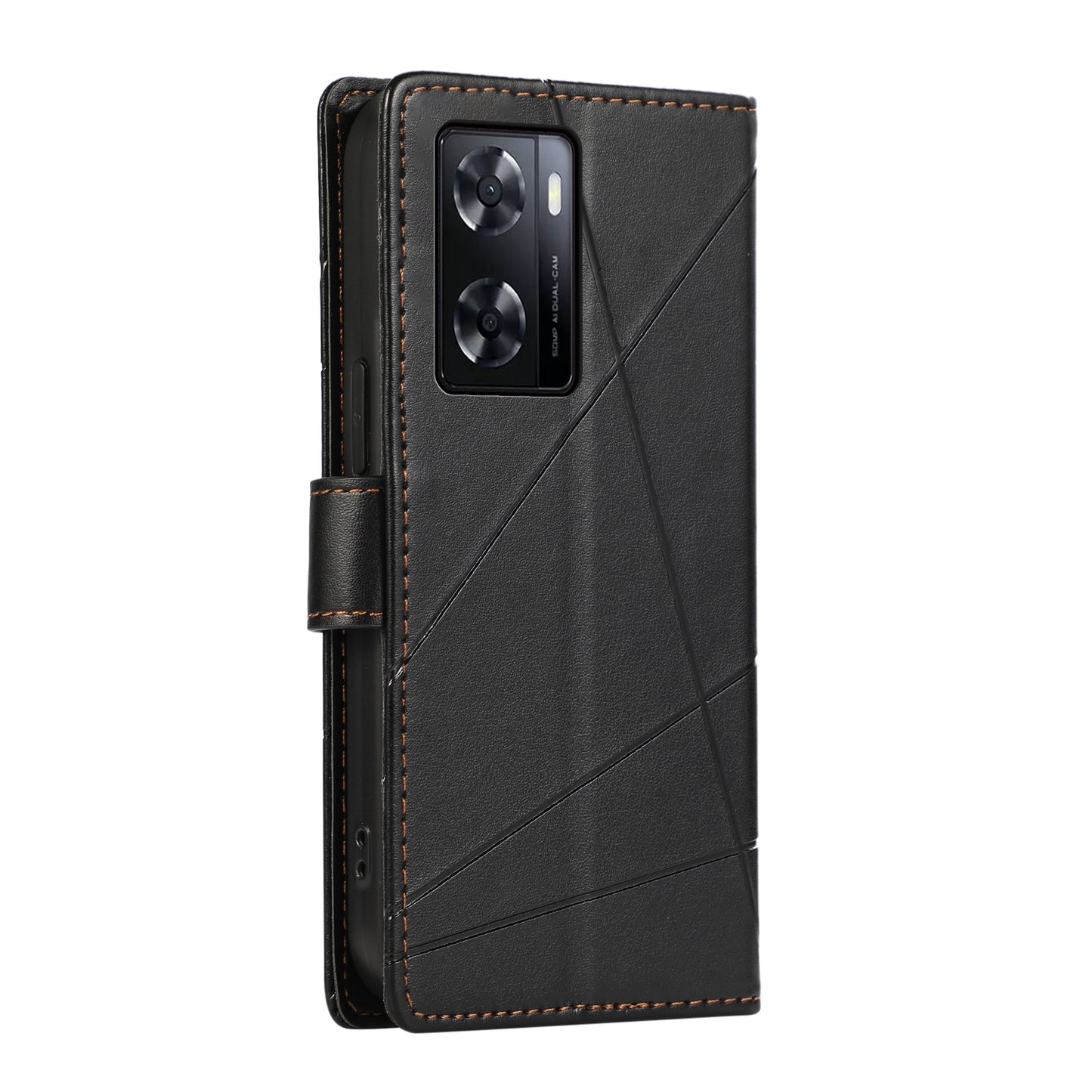 OnePlus Nord N20 SE PU Genuine Leather Texture Embossed Line Phone Case with Card Wallet, Kickstand & Wrist Strap
