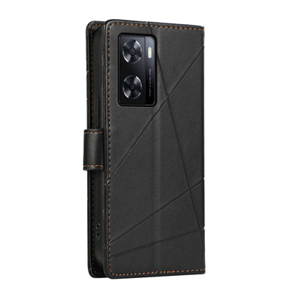 OnePlus Nord N20 SE PU Genuine Leather Texture Embossed Line Phone Case with Card Wallet, Kickstand & Wrist Strap