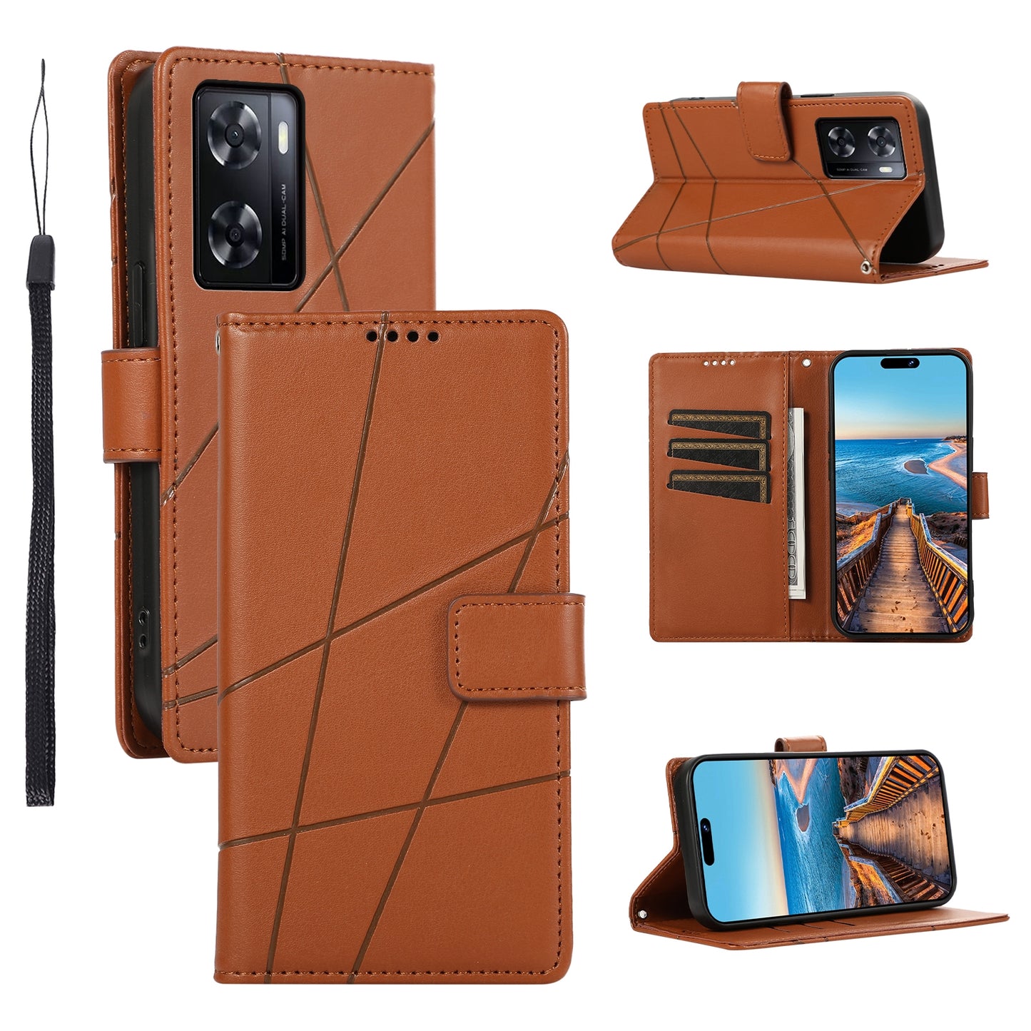 OnePlus Nord N20 SE PU Genuine Leather Texture Embossed Line Phone Case with Card Wallet, Kickstand & Wrist Strap
