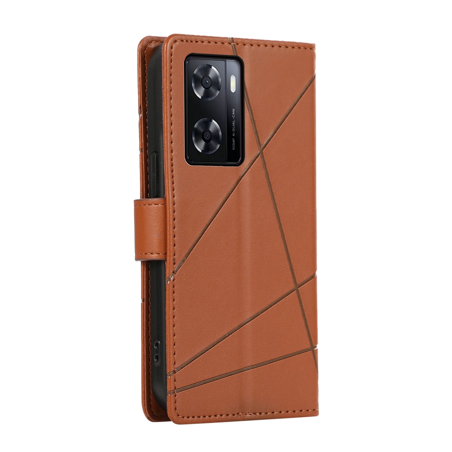 OnePlus Nord N20 SE PU Genuine Leather Texture Embossed Line Phone Case with Card Wallet, Kickstand & Wrist Strap