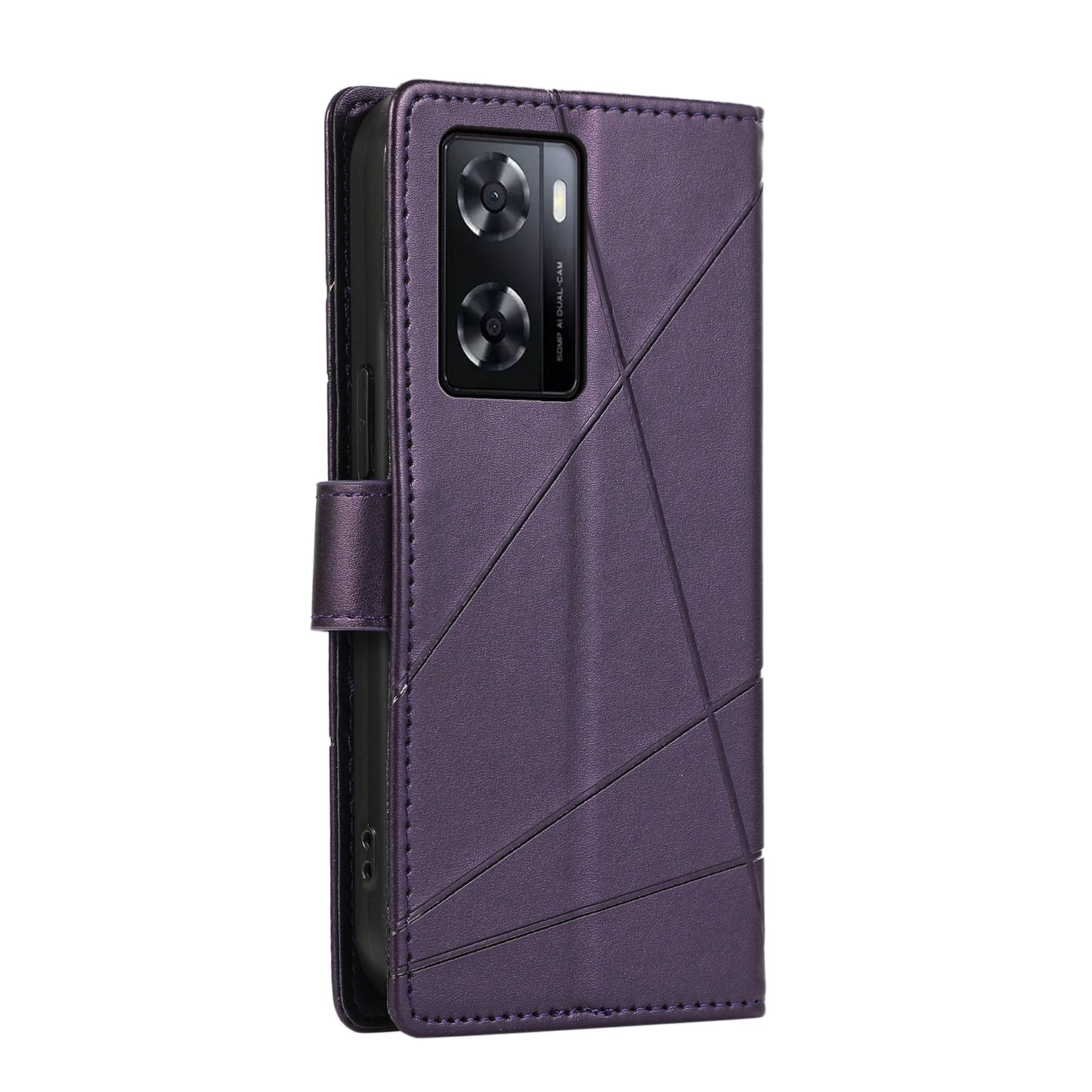 OnePlus Nord N20 SE PU Genuine Leather Texture Embossed Line Phone Case with Card Wallet, Kickstand & Wrist Strap