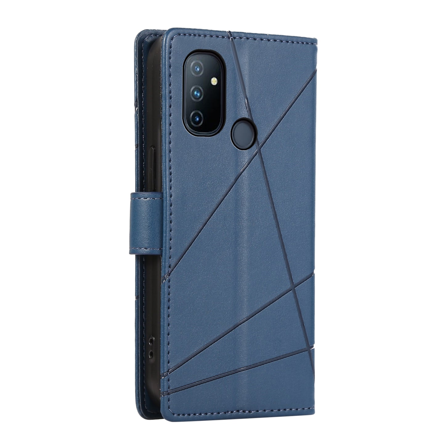 OnePlus Nord N100 PU Genuine Leather Texture Embossed Line Phone Case with Card Wallet, Kickstand & Wrist Strap