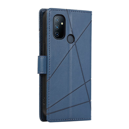 OnePlus Nord N100 PU Genuine Leather Texture Embossed Line Phone Case with Card Wallet, Kickstand & Wrist Strap