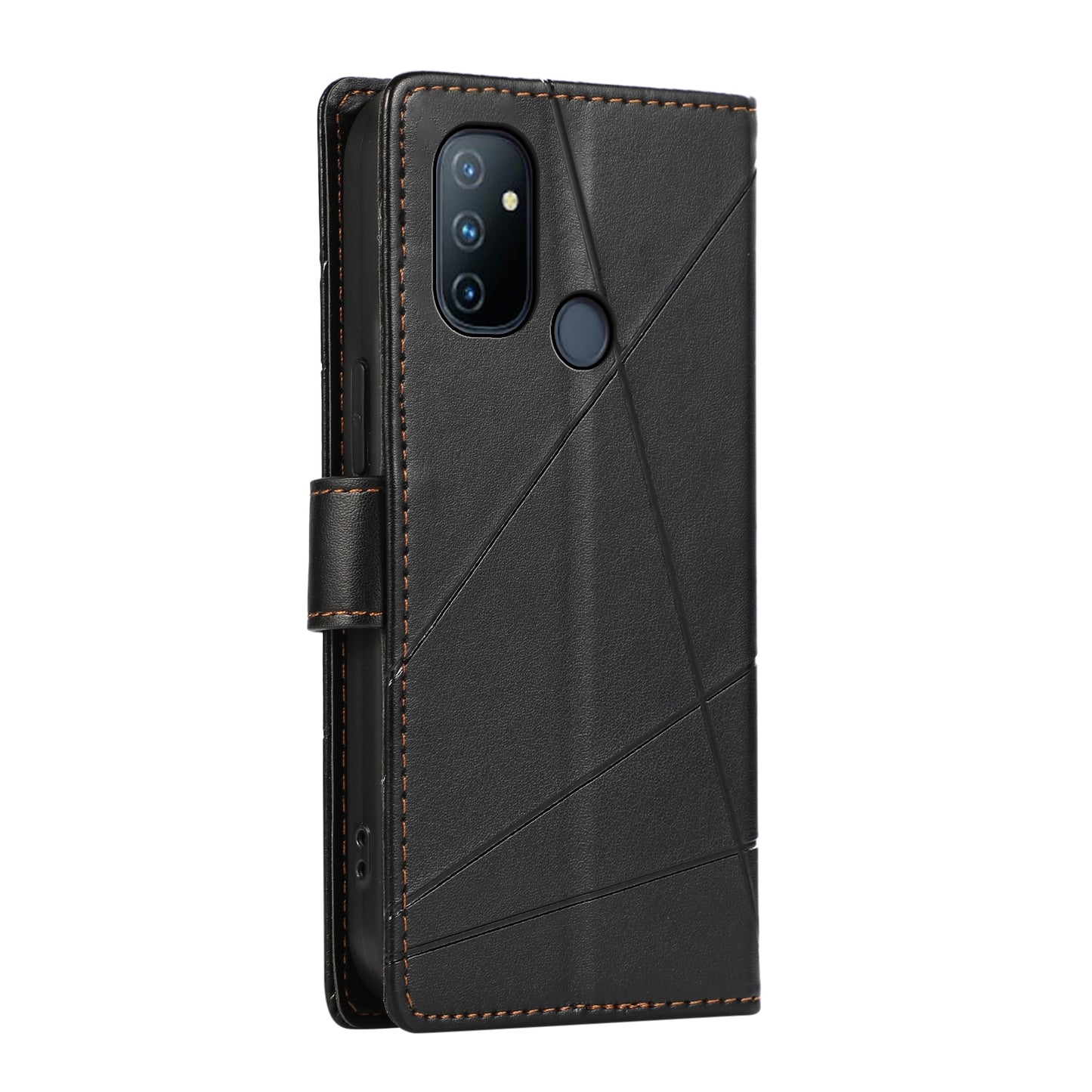 OnePlus Nord N100 PU Genuine Leather Texture Embossed Line Phone Case with Card Wallet, Kickstand & Wrist Strap