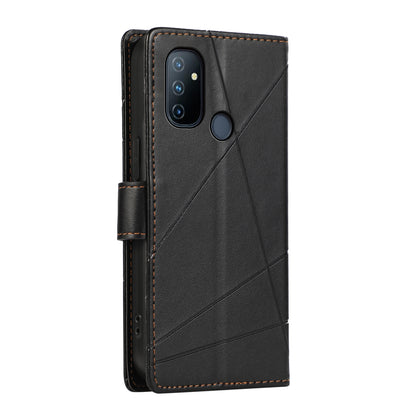 OnePlus Nord N100 PU Genuine Leather Texture Embossed Line Phone Case with Card Wallet, Kickstand & Wrist Strap