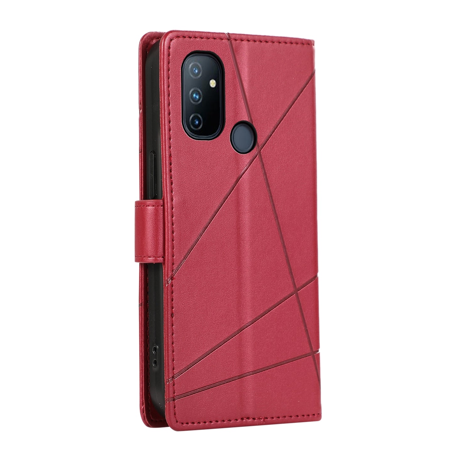 OnePlus Nord N100 PU Genuine Leather Texture Embossed Line Phone Case with Card Wallet, Kickstand & Wrist Strap