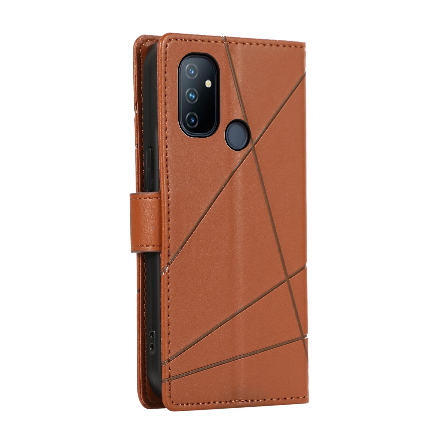 OnePlus Nord N100 PU Genuine Leather Texture Embossed Line Phone Case with Card Wallet, Kickstand & Wrist Strap