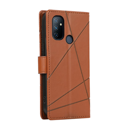 OnePlus Nord N100 PU Genuine Leather Texture Embossed Line Phone Case with Card Wallet, Kickstand & Wrist Strap