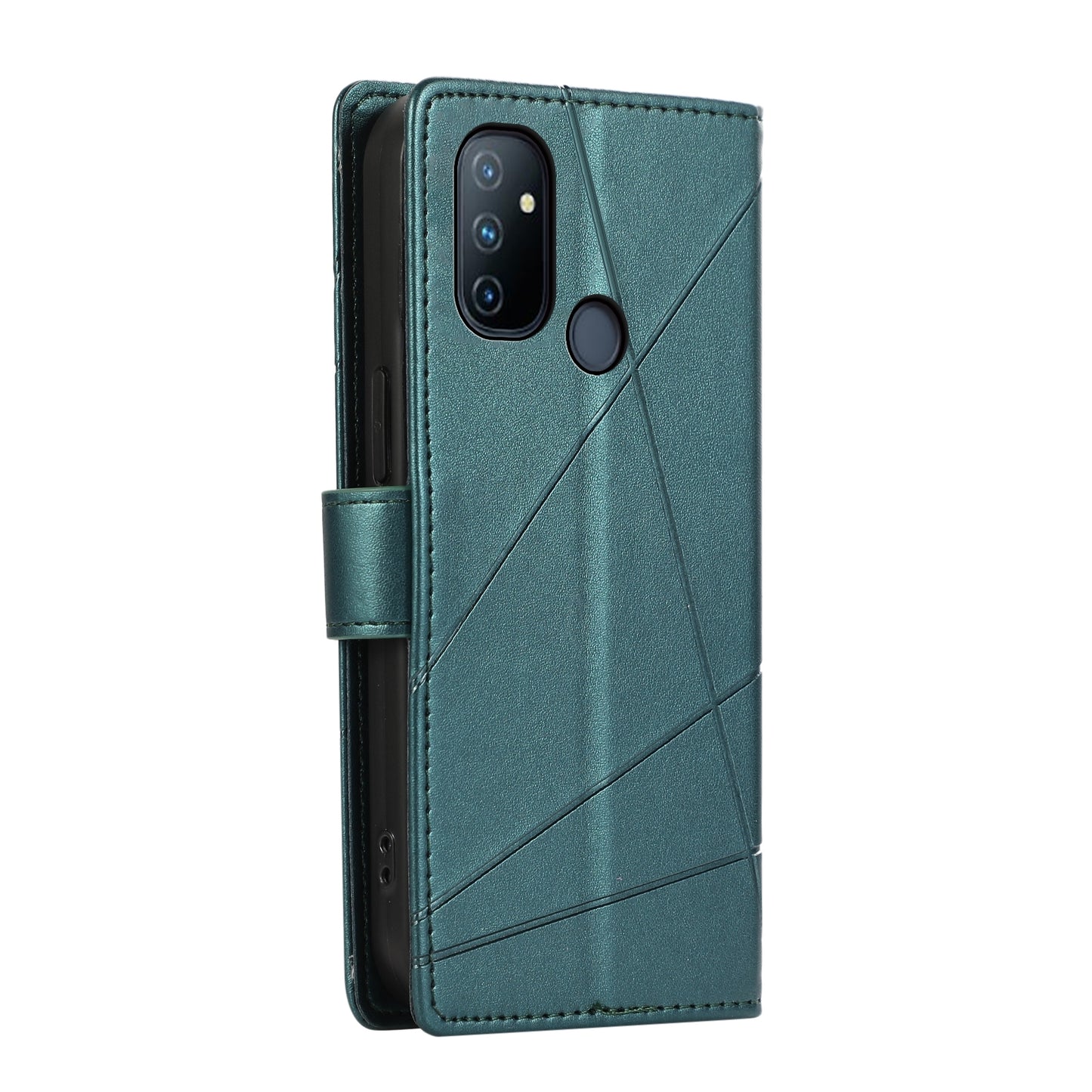 OnePlus Nord N100 PU Genuine Leather Texture Embossed Line Phone Case with Card Wallet, Kickstand & Wrist Strap