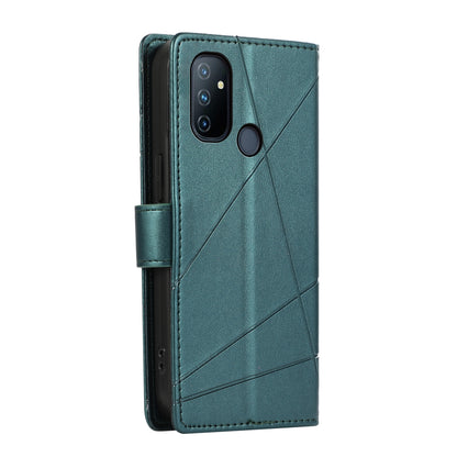 OnePlus Nord N100 PU Genuine Leather Texture Embossed Line Phone Case with Card Wallet, Kickstand & Wrist Strap