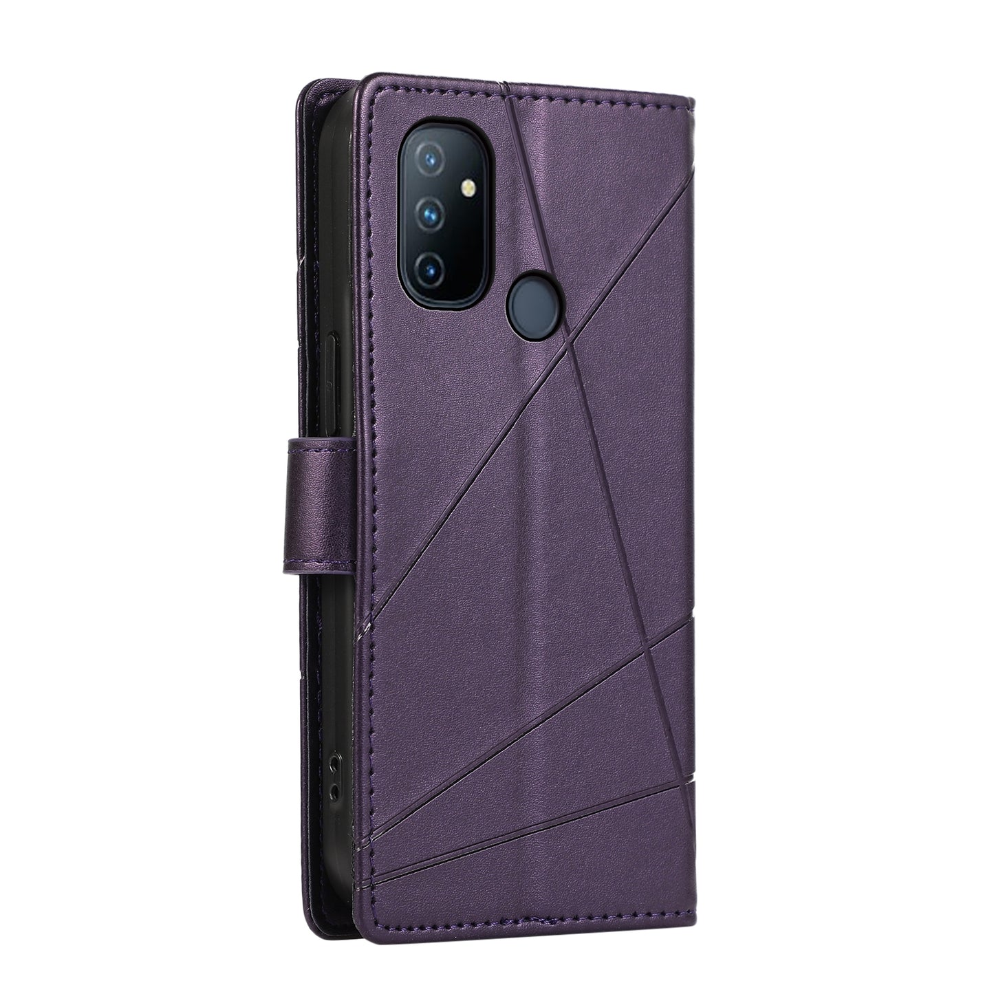 OnePlus Nord N100 PU Genuine Leather Texture Embossed Line Phone Case with Card Wallet, Kickstand & Wrist Strap
