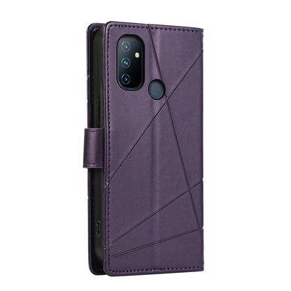 OnePlus Nord N100 PU Genuine Leather Texture Embossed Line Phone Case with Card Wallet, Kickstand & Wrist Strap