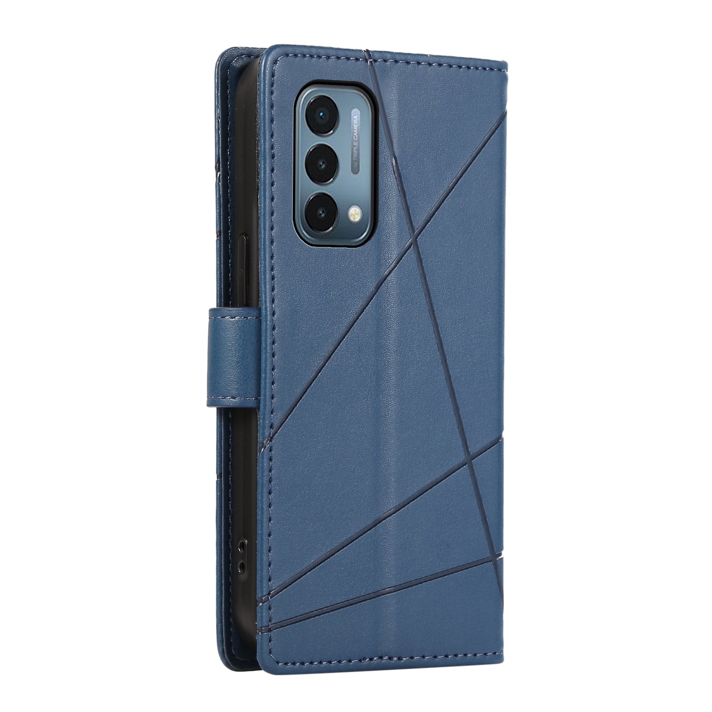 OnePlus Nord N200 5G PU Genuine Leather Texture Embossed Line Phone Case with Card Wallet, Kickstand & Wrist Strap