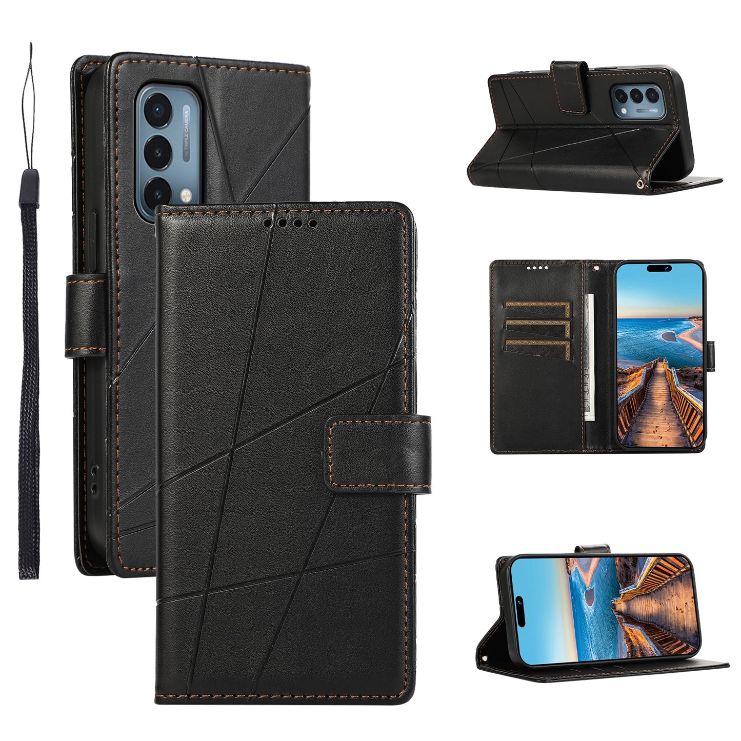 OnePlus Nord N200 5G PU Genuine Leather Texture Embossed Line Phone Case with Card Wallet, Kickstand & Wrist Strap