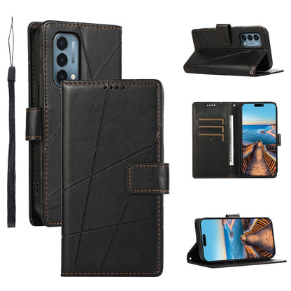 OnePlus Nord N200 5G PU Genuine Leather Texture Embossed Line Phone Case with Card Wallet, Kickstand & Wrist Strap