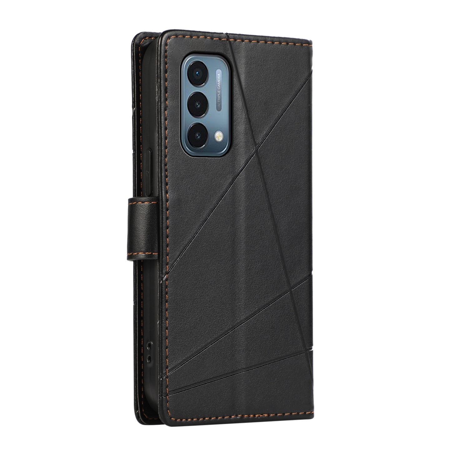 OnePlus Nord N200 5G PU Genuine Leather Texture Embossed Line Phone Case with Card Wallet, Kickstand & Wrist Strap