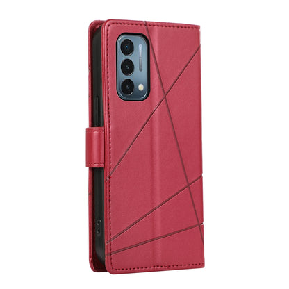 OnePlus Nord N200 5G PU Genuine Leather Texture Embossed Line Phone Case with Card Wallet, Kickstand & Wrist Strap