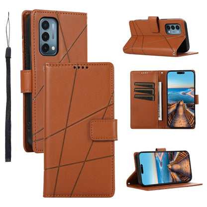 OnePlus Nord N200 5G PU Genuine Leather Texture Embossed Line Phone Case with Card Wallet, Kickstand & Wrist Strap