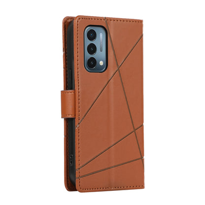 OnePlus Nord N200 5G PU Genuine Leather Texture Embossed Line Phone Case with Card Wallet, Kickstand & Wrist Strap