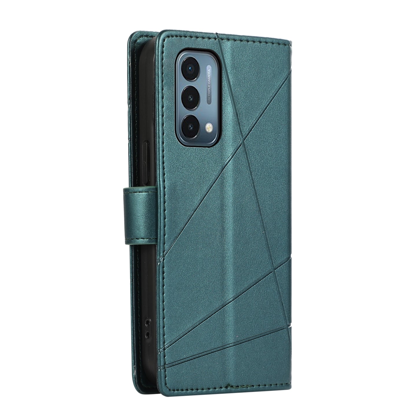 OnePlus Nord N200 5G PU Genuine Leather Texture Embossed Line Phone Case with Card Wallet, Kickstand & Wrist Strap