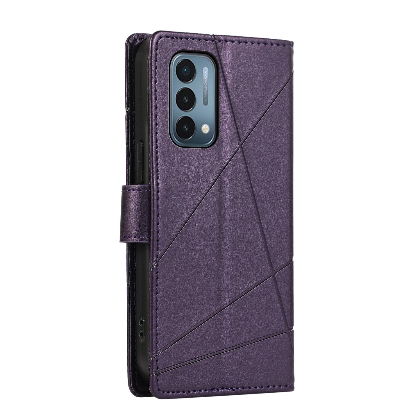 OnePlus Nord N200 5G PU Genuine Leather Texture Embossed Line Phone Case with Card Wallet, Kickstand & Wrist Strap