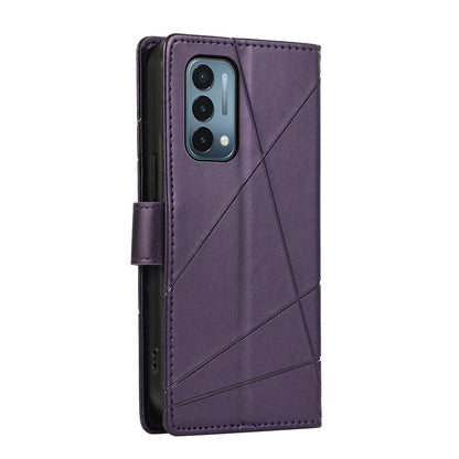 OnePlus Nord N200 5G PU Genuine Leather Texture Embossed Line Phone Case with Card Wallet, Kickstand & Wrist Strap